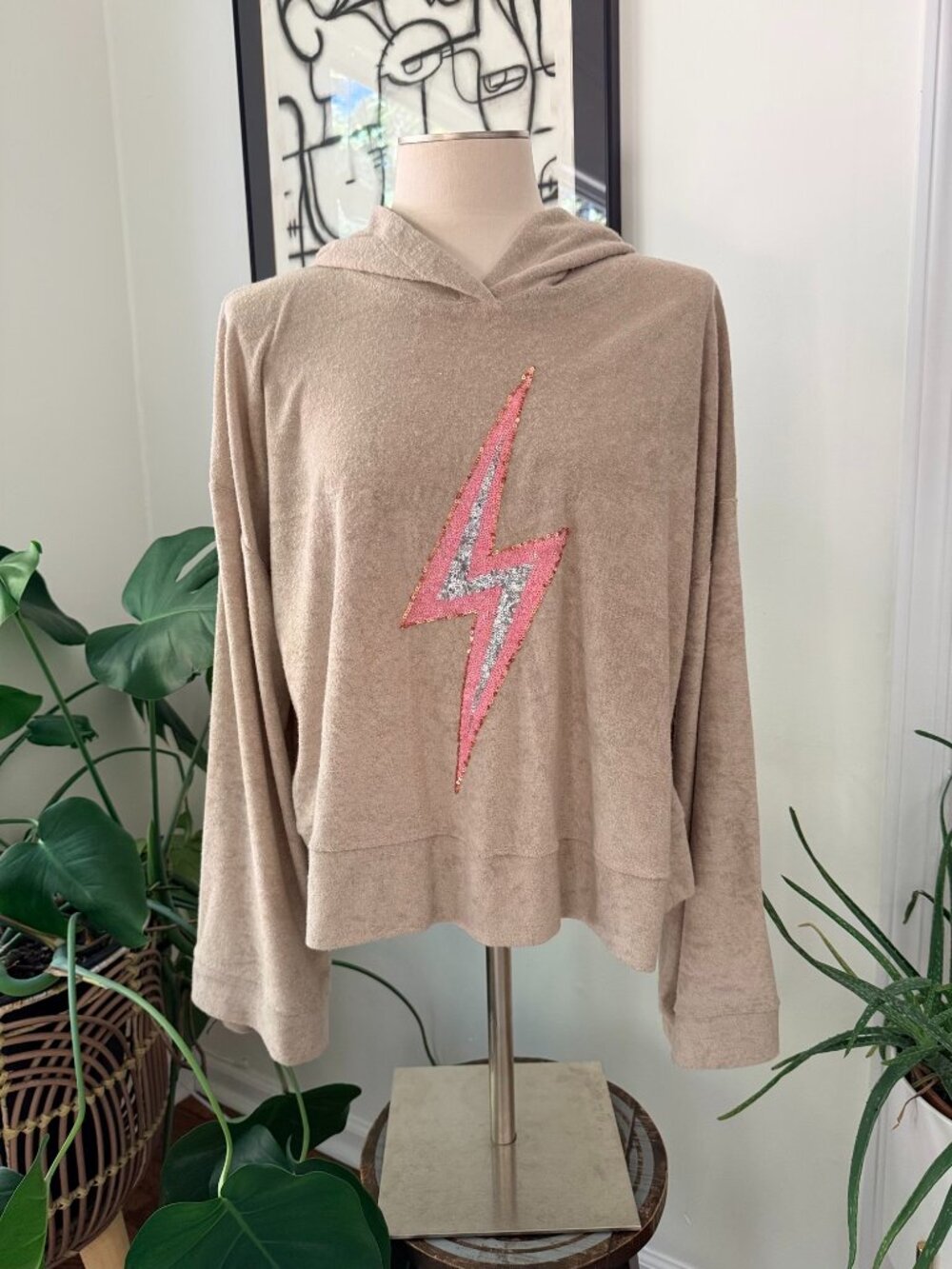 Dress Up Beige Terry Hoodie Pink Sequin Lightning Bolt - Medium
